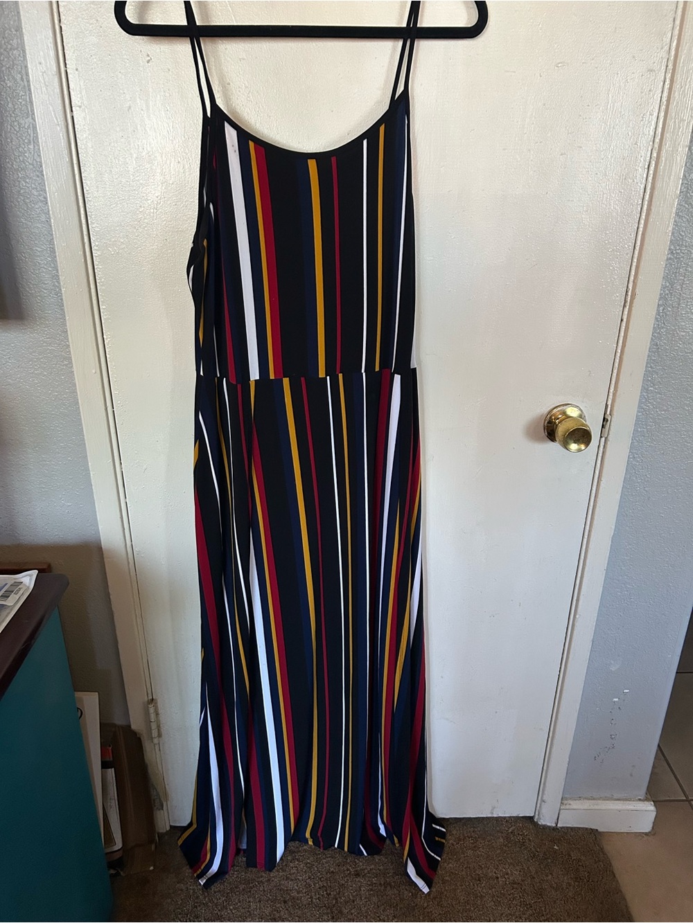 Forever 21 Black Maxi Slip Dress with Red, White, Mustard & Navy Stripes